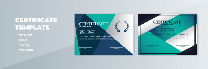 Modern A4 certificate template design; geometric teal, navy; background ready print