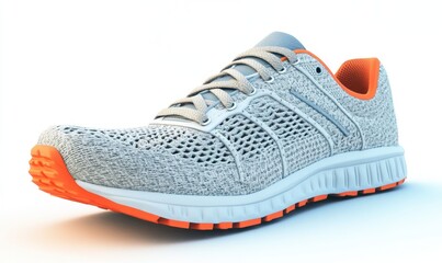 Gray running shoe with orange details on white background for sports ads