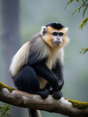 Fototapeta premium Close-up of a black snub-nosed monkey sitting on a gnarled branch, its distinctive upturned nose highlighted by the soft mist of a Yunnan forest.