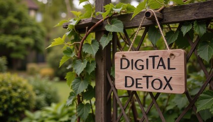 Wooden Sign for Digital Detox in a Green and Lush Garden Environment