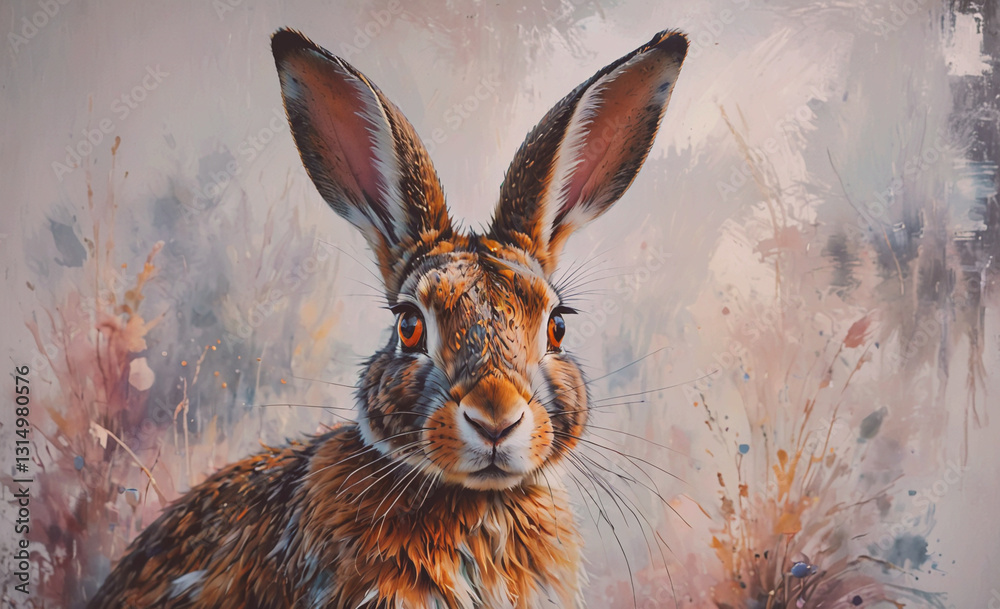 Poster Rabbit is sitting in a field with a brush stroke background. The rabbit is looking directly at the camera
