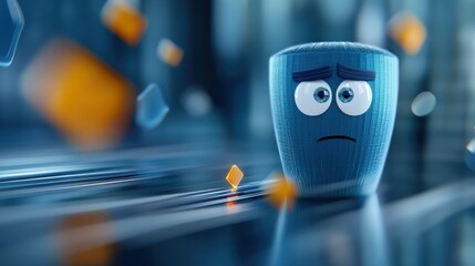 Sad blue character expressing emotions in digital environment animated scene abstract background close-up view visual storytelling
