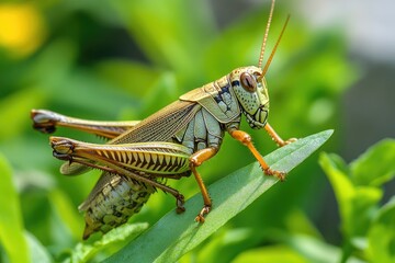 Intricate Close-Up of a Grass Hopper Amidst Lush Green Grass: Nature's Detail in Insect & Animal Life