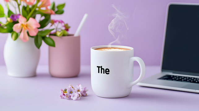Creative Workspace with Steaming Coffee Mug and Laptop - Powered by Adobe