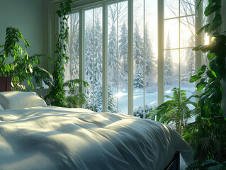 Sypialnia z dużymi oknami i zielone kwiaty