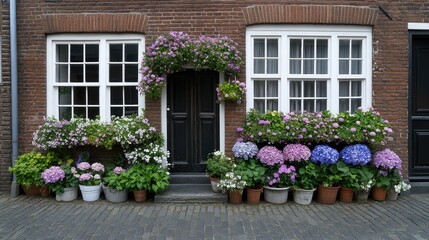 A stunning and vibrant array of flowers decorates the inviting entrance of a charming house nestled in a historic neighborhood, showcasing the beauty of springtime