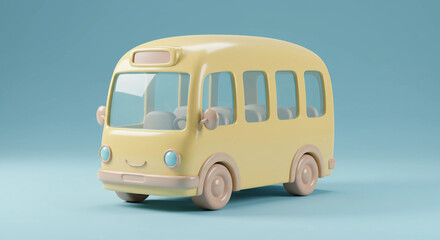 A high-quality 3D-rendered image of a tiny pastel yellow bus with an adorable cartoonish design, featuring smooth curves, large windows, and a friendly face