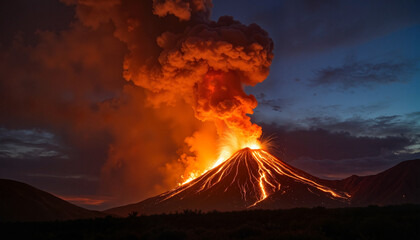 Dynamic volcano eruption spewing lava and ash at night, natural power