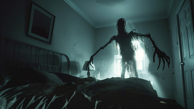 Shadowy figure with long fingers looming over bed in darkness.