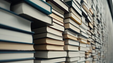 Fototapeta premium Stacked books on shelves create a visually appealing backdrop for readers in a cozy library setting during the afternoon