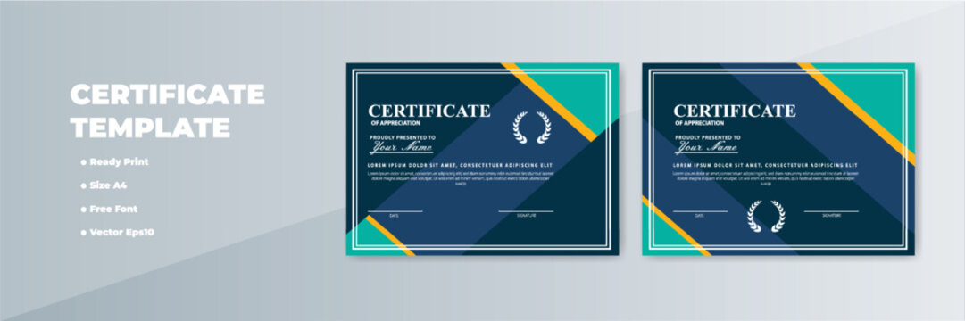 Modern A4 certificate template design, ready to print, featuring teal and gold accents - Powered by Adobe