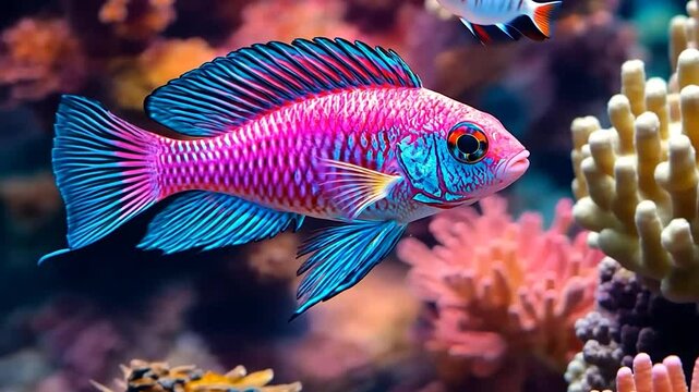 Vibrant Pink and Blue Cichlid Fish in a Coral Reef