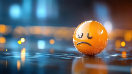 Sorrowful emoji ball digital realm 3d art neon environment close-up view expressing emotion