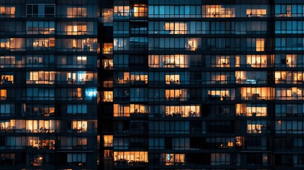 Urban apartment building illuminated at night showcasing evening activities of residents in various units