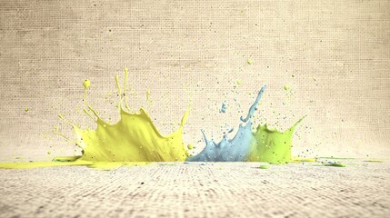 Colorful paint splashes on burlap backdrop
