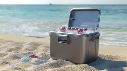 modern beach cooler filled with soda cans and ice cubes