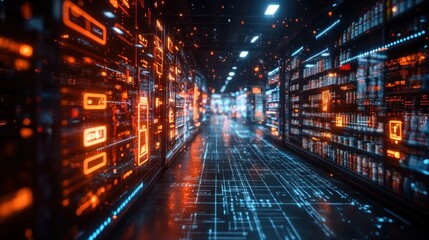 Futuristic retail aisle with digital displays