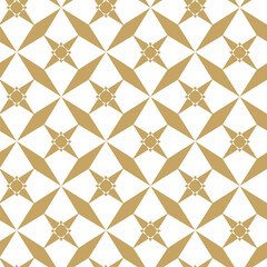 Abstract geometric pattern with squares, crosses, stripes, lines. Seamless vector background. White and gold ornament. Modern reticulated graphic design.