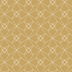 Abstract geometric pattern with squares, crosses, stripes, lines. Seamless vector background. White and gold ornament. Modern reticulated graphic design.