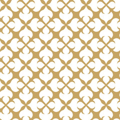 Abstract geometric pattern with squares, crosses, stripes, lines. Seamless vector background. White and gold ornament. Modern reticulated graphic design.