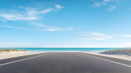 Panoramic View Of Empty Asphalt Road Leading To Tropical Beach With White Sand Turquoise Ocean Blue Sky And Few Clouds On Sunny Summer Day