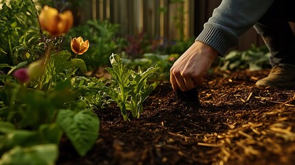 Gardener planting seeds in rich soil amongst blooming tulips and other flowers in a garden bed.