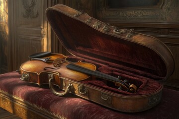 Obraz premium Elegant Vintage Violin in Open Case with Rich Textures and Lighting