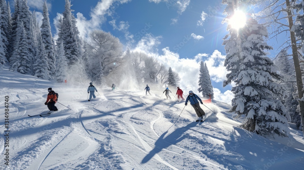 Poster groups of skiers glide down snowy slopes under a clear sky, surrounded by tall pine trees and bright