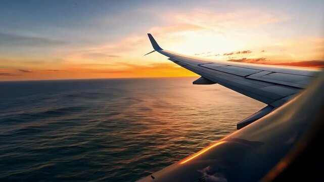 A plane wing is seen flying over the ocean with a beautiful sunset in the background. Concept of freedom and adventure, as well as the beauty of nature