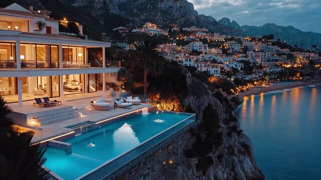 Modern villa with pool by the sea, photo-realistic style, on a cliff background. Concept of luxury vacation