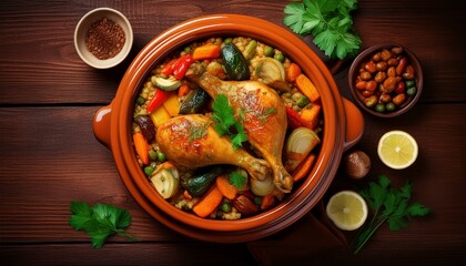 tagine with cooked chicken and vegetables traditional moroccan cuisine wooden background copy space top view generative ai
