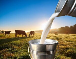 fresh milk pouring from a metal jug into a rustic bucket in an open pasture with grazing cows under bright blue sky at sunrise