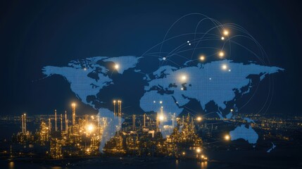 Global connectivity illustrated through illuminated cityscape and digital map representation in an urban setting at night