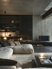 Modern minimal living room with concrete and wood features