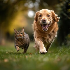Golden retriever dog and tabby cat racing joyfully across lush green grass, enjoying playful moments and celebrating their friendship outdoors