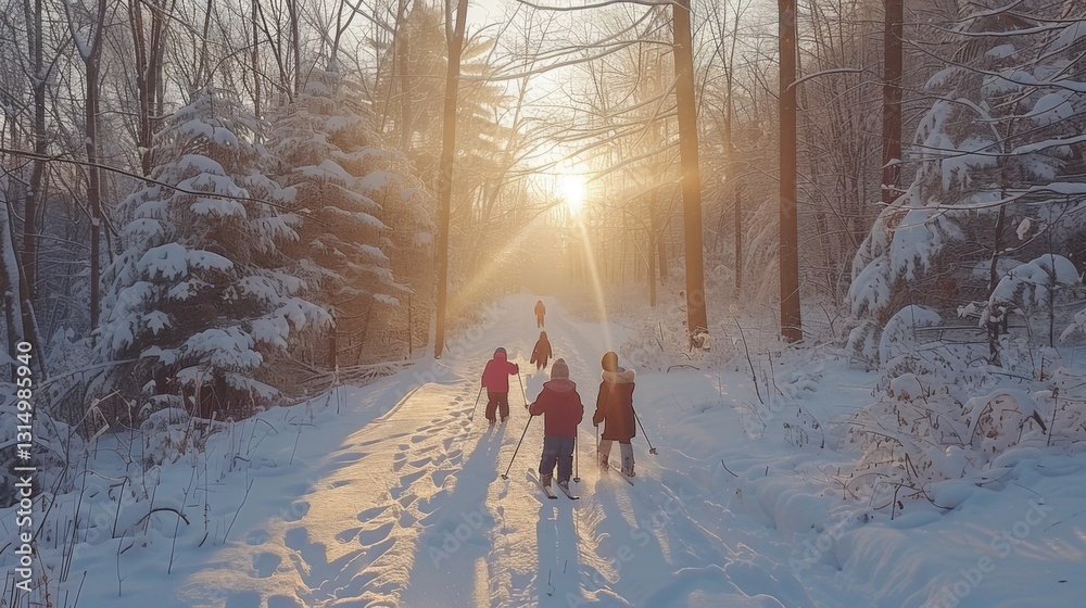 Poster a group of children is engaging in cross country skiing along a snowy path, surrounded by tall trees