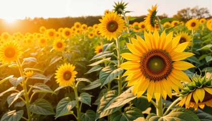 Fototapeta premium Vibrant sunflowers swaying in golden afternoon light, summer beauty