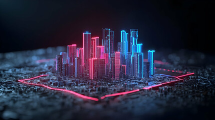 Futuristic Neon Cityscape At Night With Pink And Blue Glowing Lights In A Dark Cyberpunk Urban Landscape