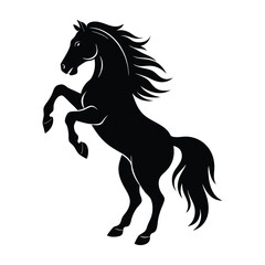 Horse Rearing Up on Hind Legs with Flowing Mane Silhouette on White Background
