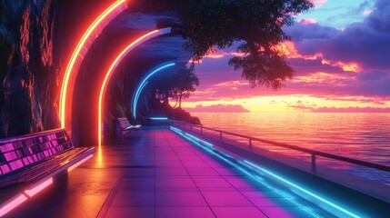 Neon-lit coastal walkway at sunset