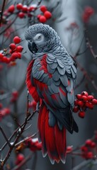 Obraz premium Vibrant parrot perched on a branch laden with red berries. Stunning plumage and natural beauty.
