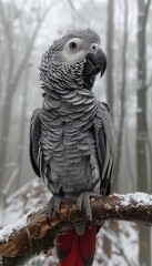 Obraz premium Gray parrot perched on a snowy branch, winter scene.