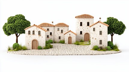 Obraz premium Charming Rustic Village with Stone Houses and Lush Greenery Rendered in a Low-Poly Style