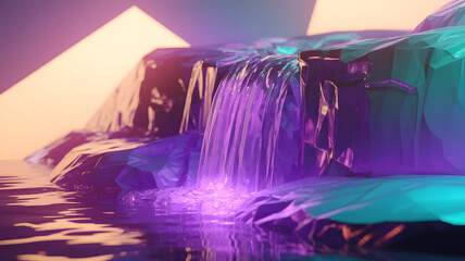 A mesmerizing purple waterfall cascades in a futuristic landscape, glowing with neon hues. The surreal setting, enhanced by ambient light, blends nature with technology, ideal for sci-fi art.