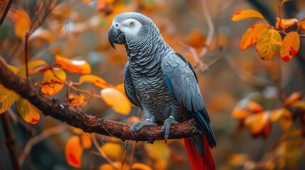 Obraz premium Gray parrot perched on a branch amidst autumn leaves.