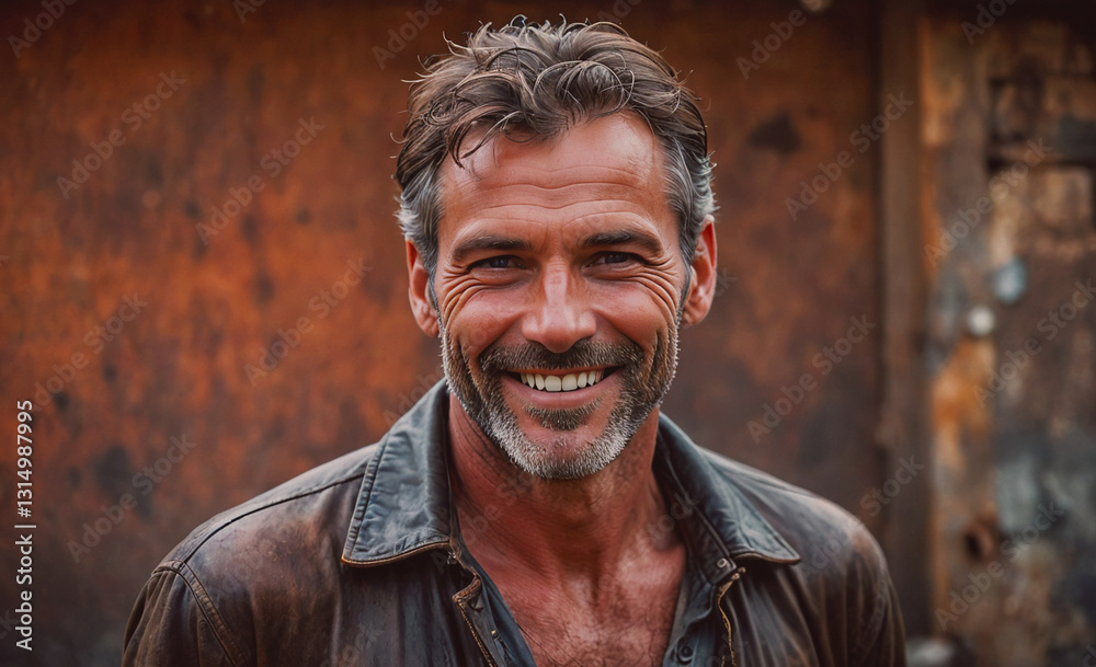 Poster Man with a beard and a smile is wearing a leather jacket. He is smiling and looking at the camera
