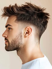 Obraz premium Stylish Male Hairstyle with Textured Top and Fade, Capturing Modern Grooming Trends for Fashion and Lifestyle Photography