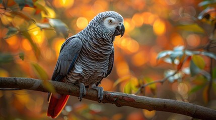 Obraz premium African Grey Parrot perched on a branch, bathed in warm autumnal light. A stunning display of nature's beauty.