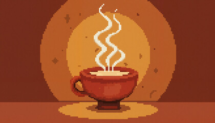 Pixel art steaming cup of tea with animated steam, cozy ambiance