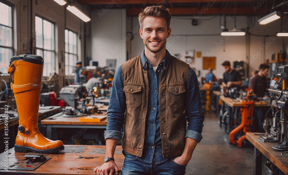 Poster Man in a vest stands in front of a yellow boot. He is smiling and he is happy